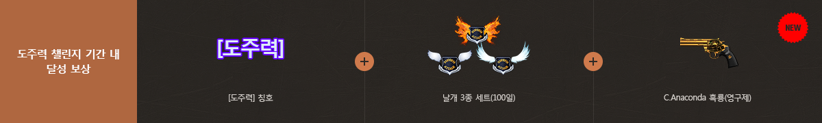 도주력 챌린지 기간 내 달성 보상 : [도주력] 칭호 + 날개 3종 세트(100일) + C.Anaconda 흑룡(영구제)