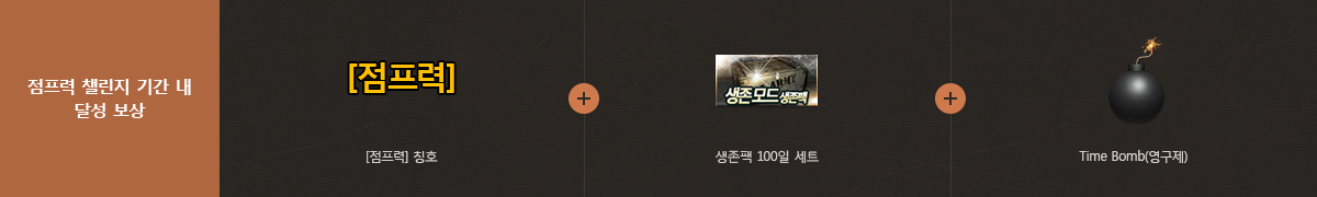 점프력 챌린지 기간 내 달성 보상 : [점프력] 칭호 + 생존팩 100일 세트 + Time Bomb(영구제)